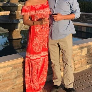 Orange/Red off the shoulder maxi. Rubber Ducky Productions